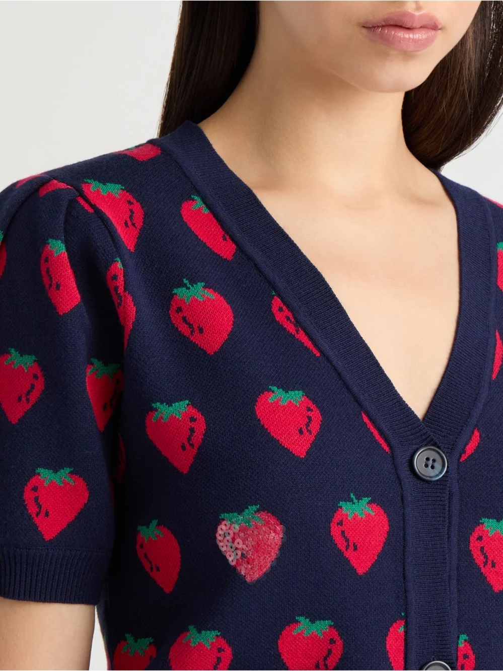 Madison Navy Cardigan with Red Strawberry Motif